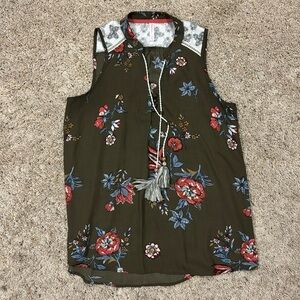 Olive Green Floral Tank Blouse Top